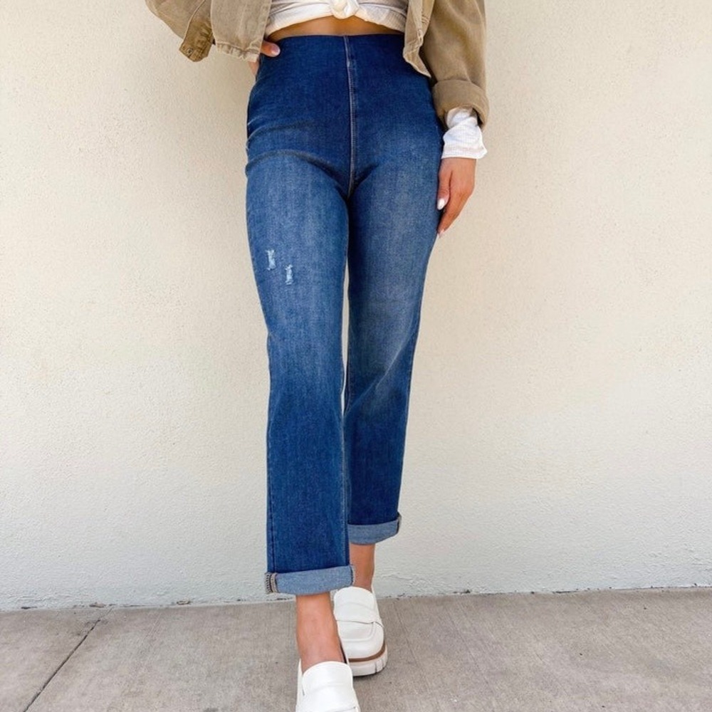 Risen Jeans Womens Small Blue High Rise‎ Pull On Boyfriend Distressed Denim NWT